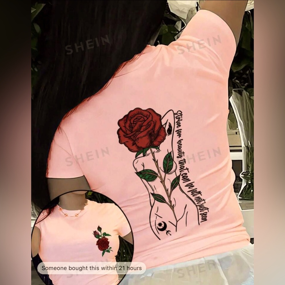 SHEIN Essnce Women's Rose & Letters Short Sleeve Crew Neck Casual T-Shirt